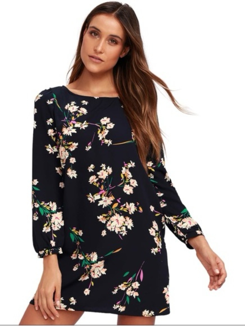 Lulus Black Floral Long Sleeve Mini Dress | Size L